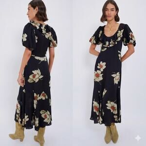 THE GREAT Medley Relic Rose Midi Dress Ruffle Scoop Neck Size L NWT